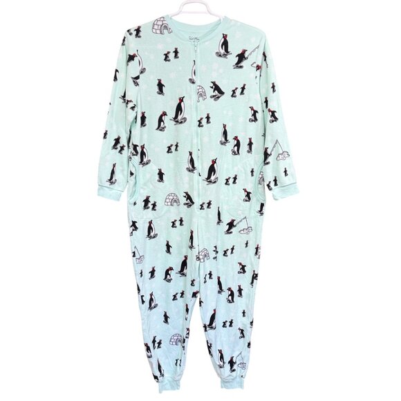 Nick & Nora Womens Fleece Penguin Zip-Up Pajama Mint Green XXL Warm - Picture 1 of 5